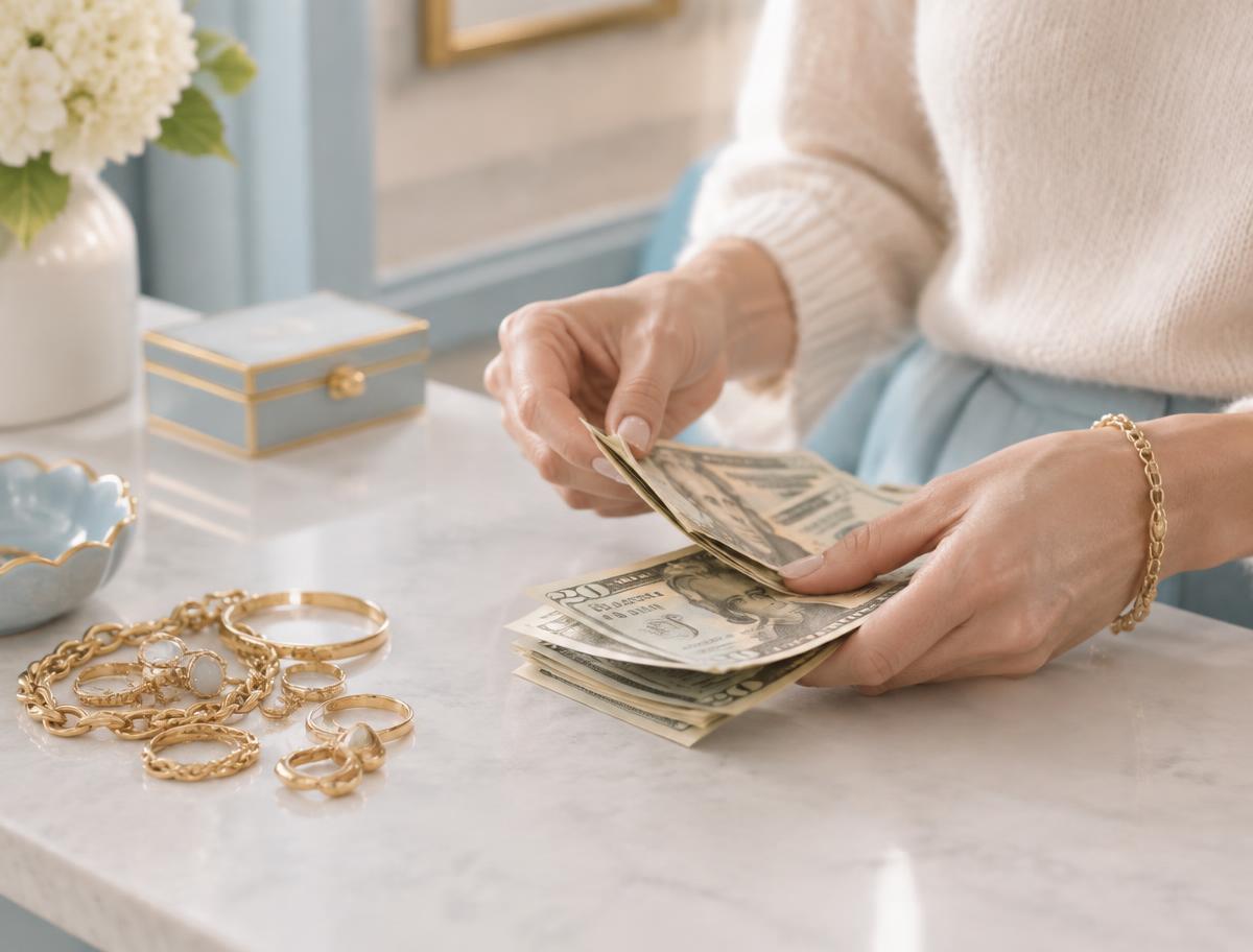 Cash being counted out on a counter next to gold jewelry