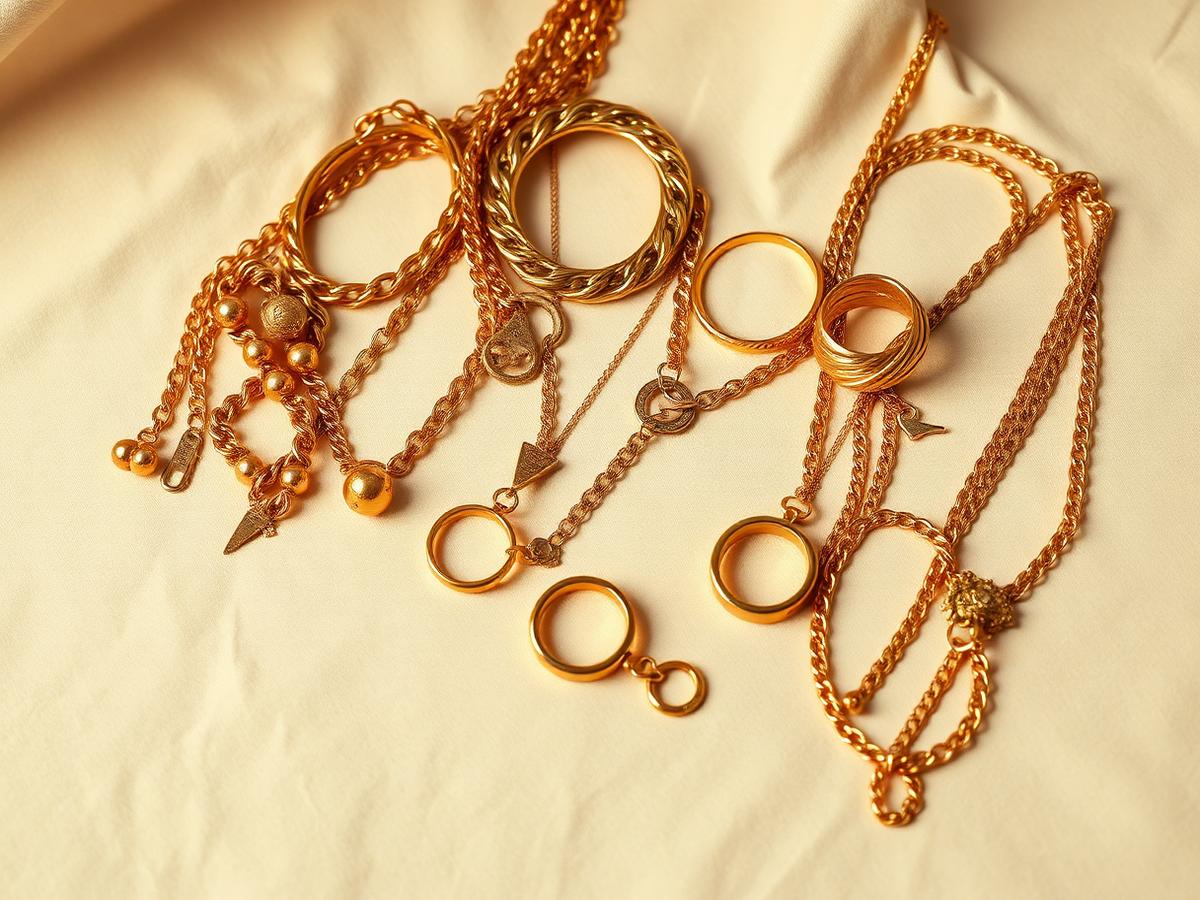 Gold chains, rings and bracelets arranged on a light counter