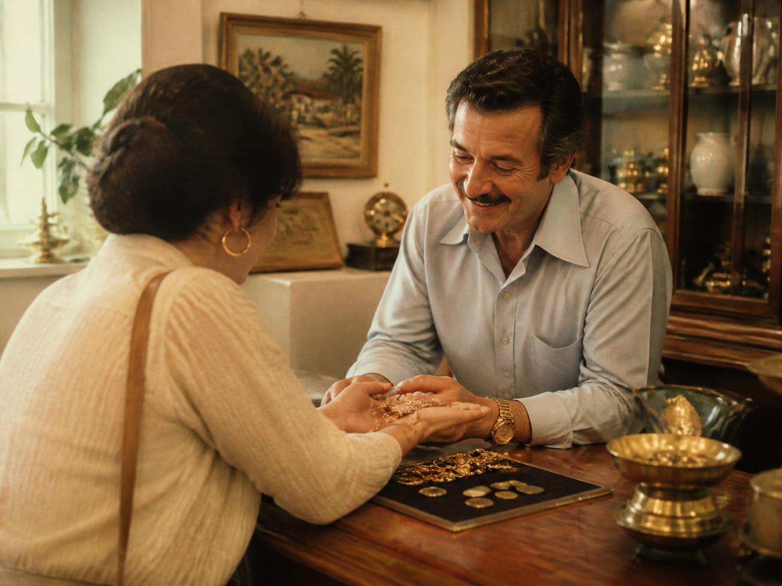 A buyer and a customer reviewing gold jewelry together at the shop counter
