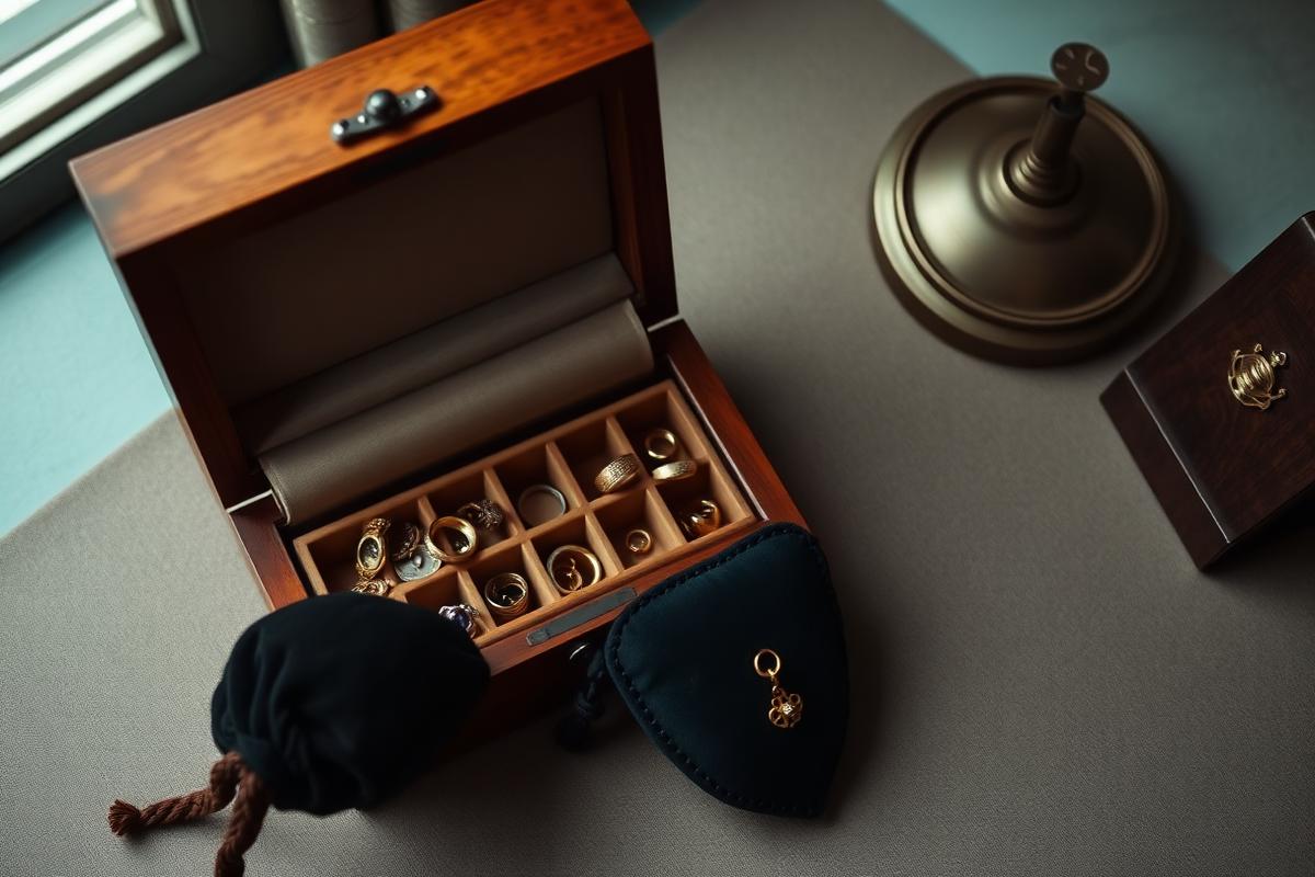 Open wooden jewelry box with heirloom rings and jewelry on a gray desk