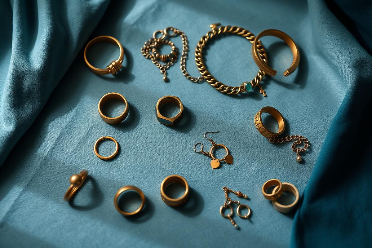 Assorted rings, earrings, bracelets and necklaces on blue-gray linen