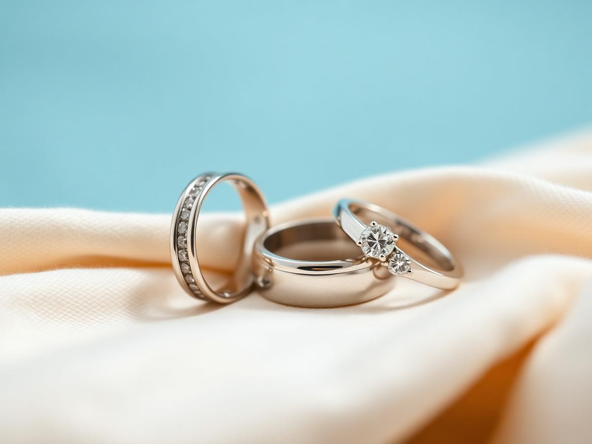 Platinum rings and bands on cool linen