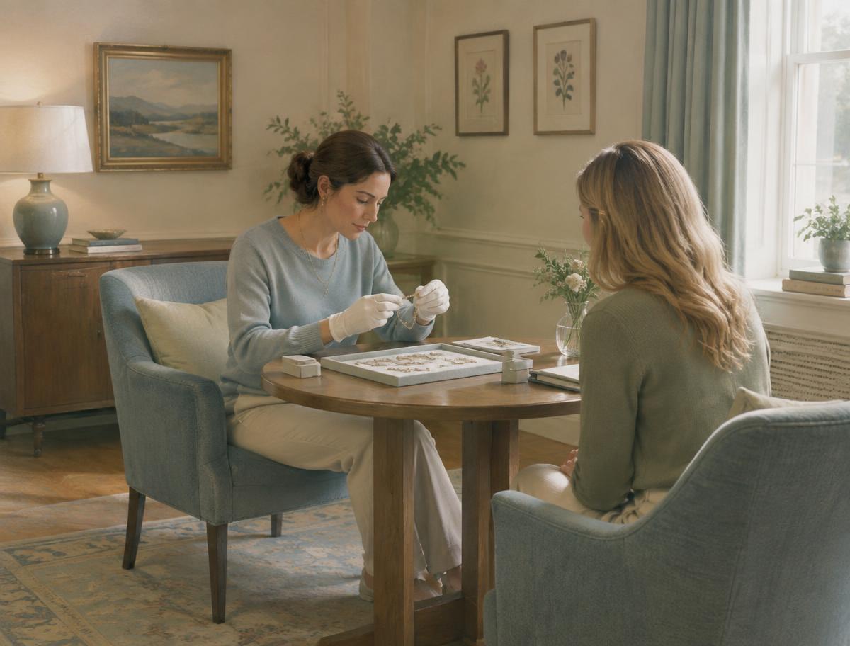 A buyer evaluating jewelry with a customer in a quiet private room