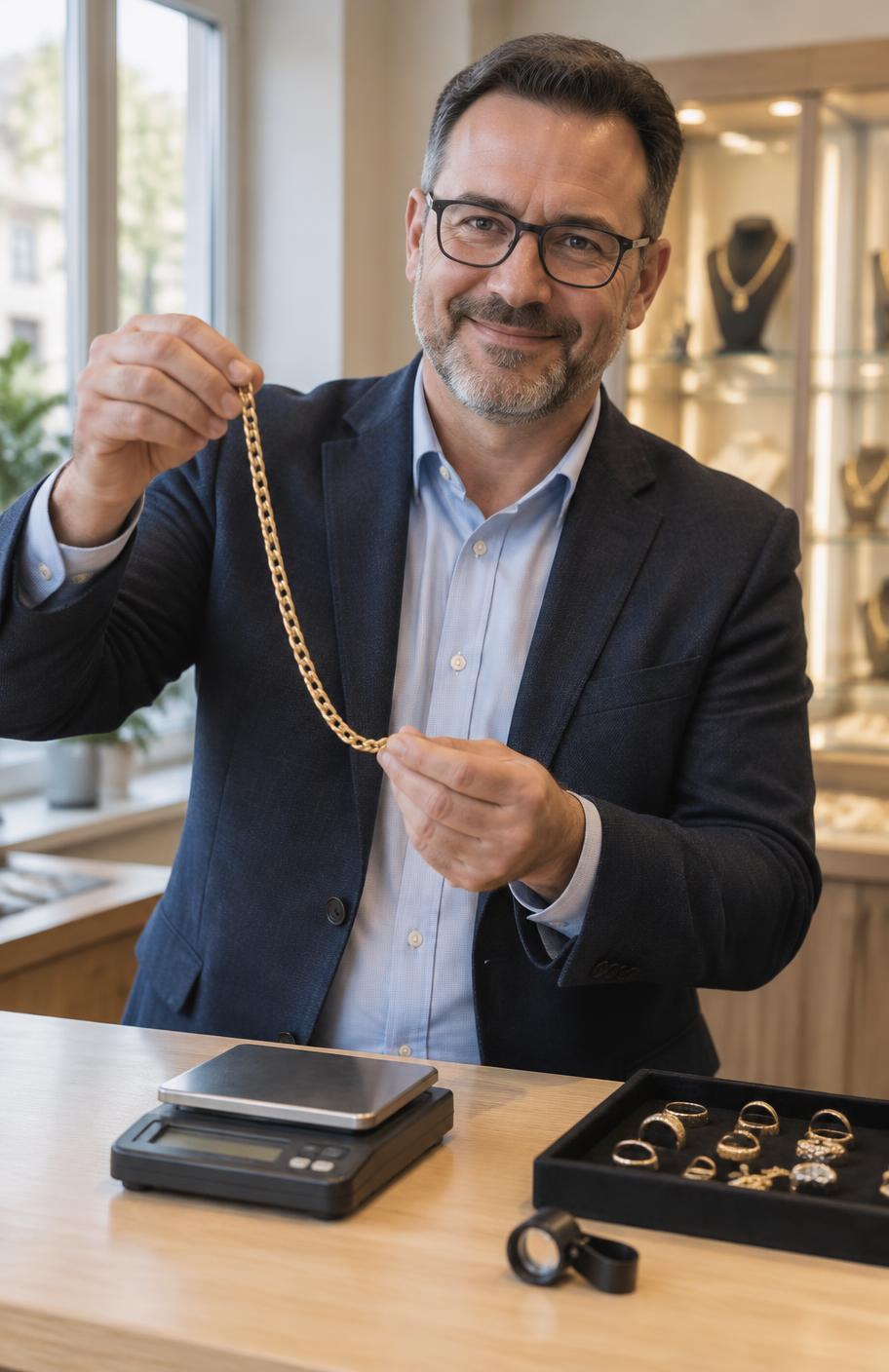 A buyer at the counter holding up a gold chain while walking a customer through an evaluation