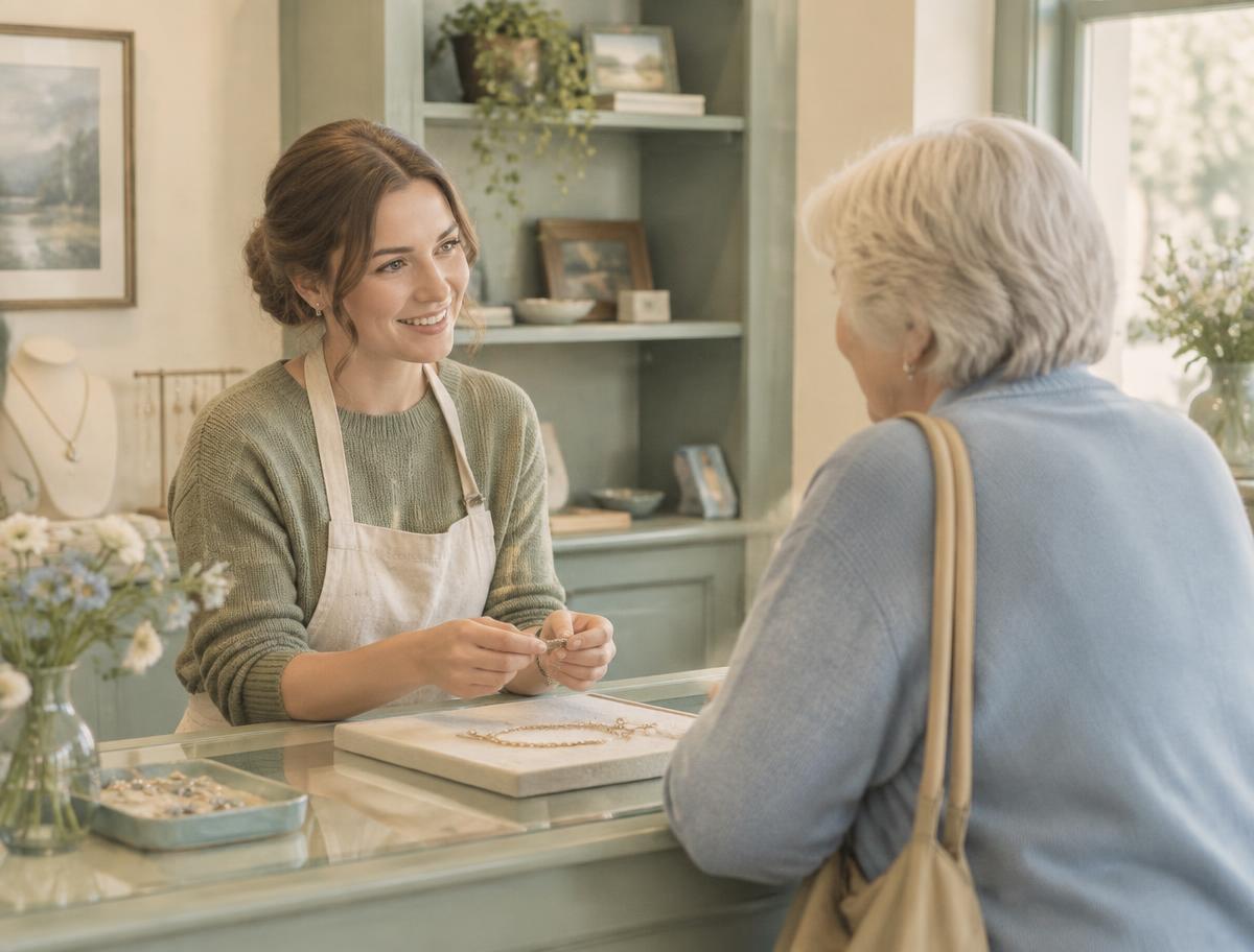 A staff member helping a customer with jewelry at the counter