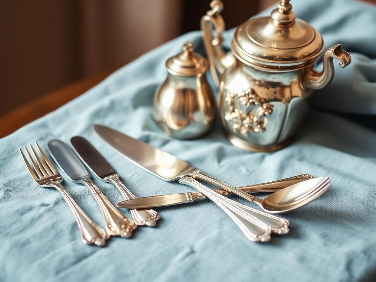 Antique silver flatware and tea pot on a soft fabric