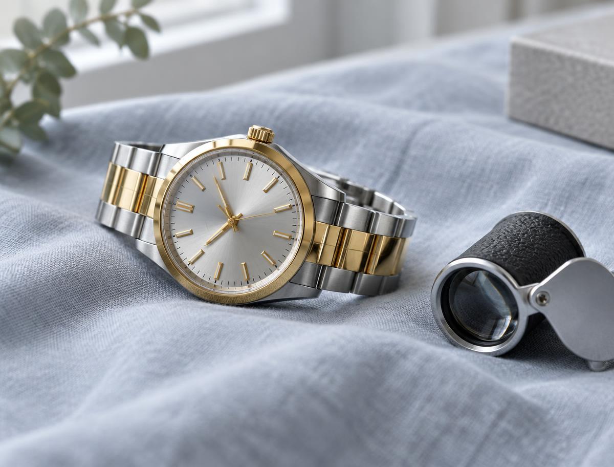 Luxury gold and steel automatic wristwatch resting on gray linen